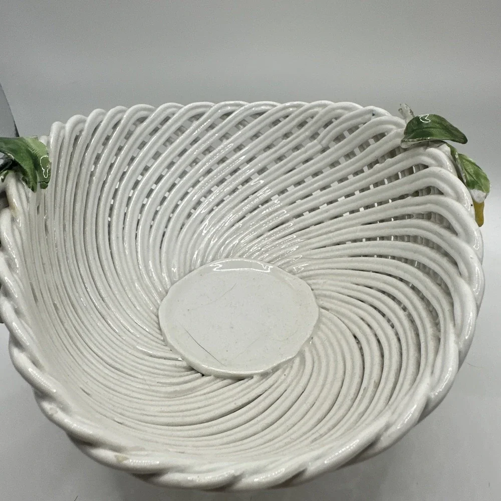 Vintage ItalianCeramic Basket Bowl White Woven Floral Yellow And Purple Green